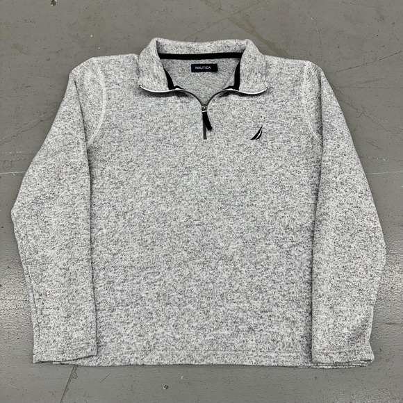 Nautica Sweater Mens Large Gray 1/4 Zip Mock Neck Knit Pullover Logo Casual - Picture 2 of 8